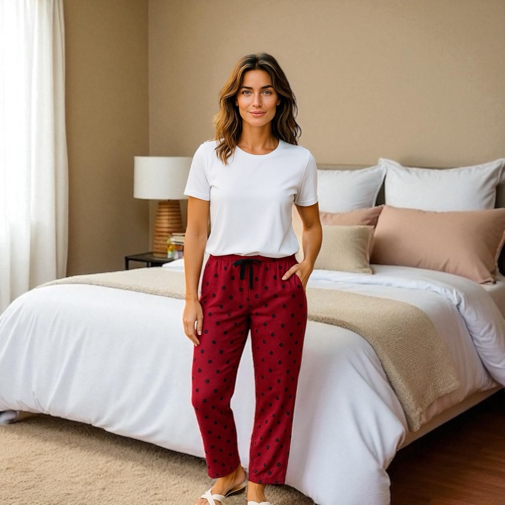 New Jenni Sleep Lounge Pants Soft Fleece Simple‎ Leo Burgundy & Black Cozy Soft